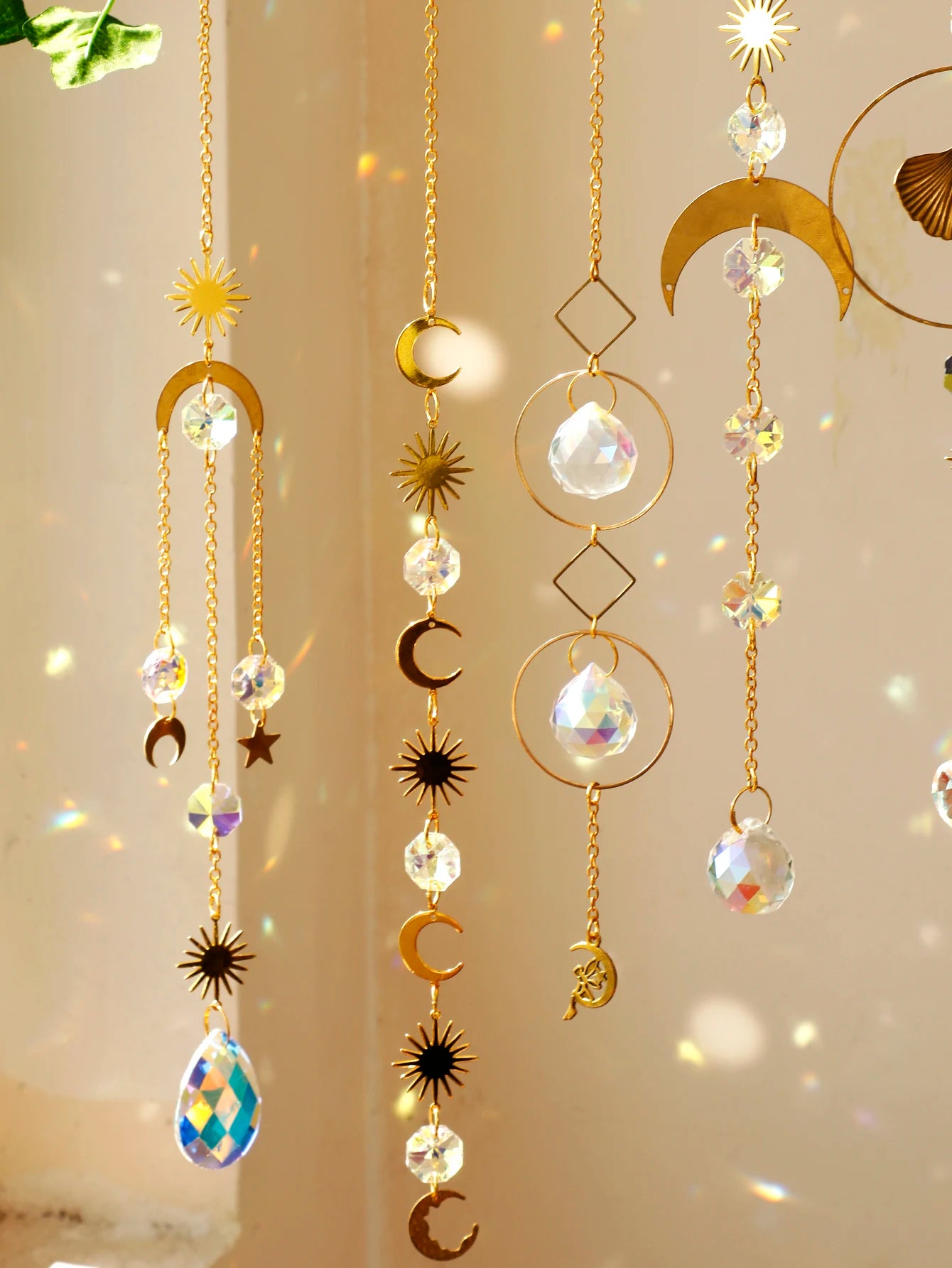 Sun Moon Crystal Suncatcher Rainbow Maker Stained Glass Beaded Sun Catcher Window Hanging Ornament Wind Chimes Yard Garden Decor