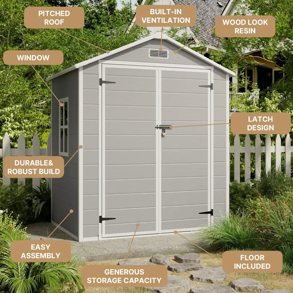 6x4.4 FT Outdoor Storage Shed, Resin Shed with Floor for Patio Furniture, Gardening Tools, Pool Equipment, Outside Sheds Plastic