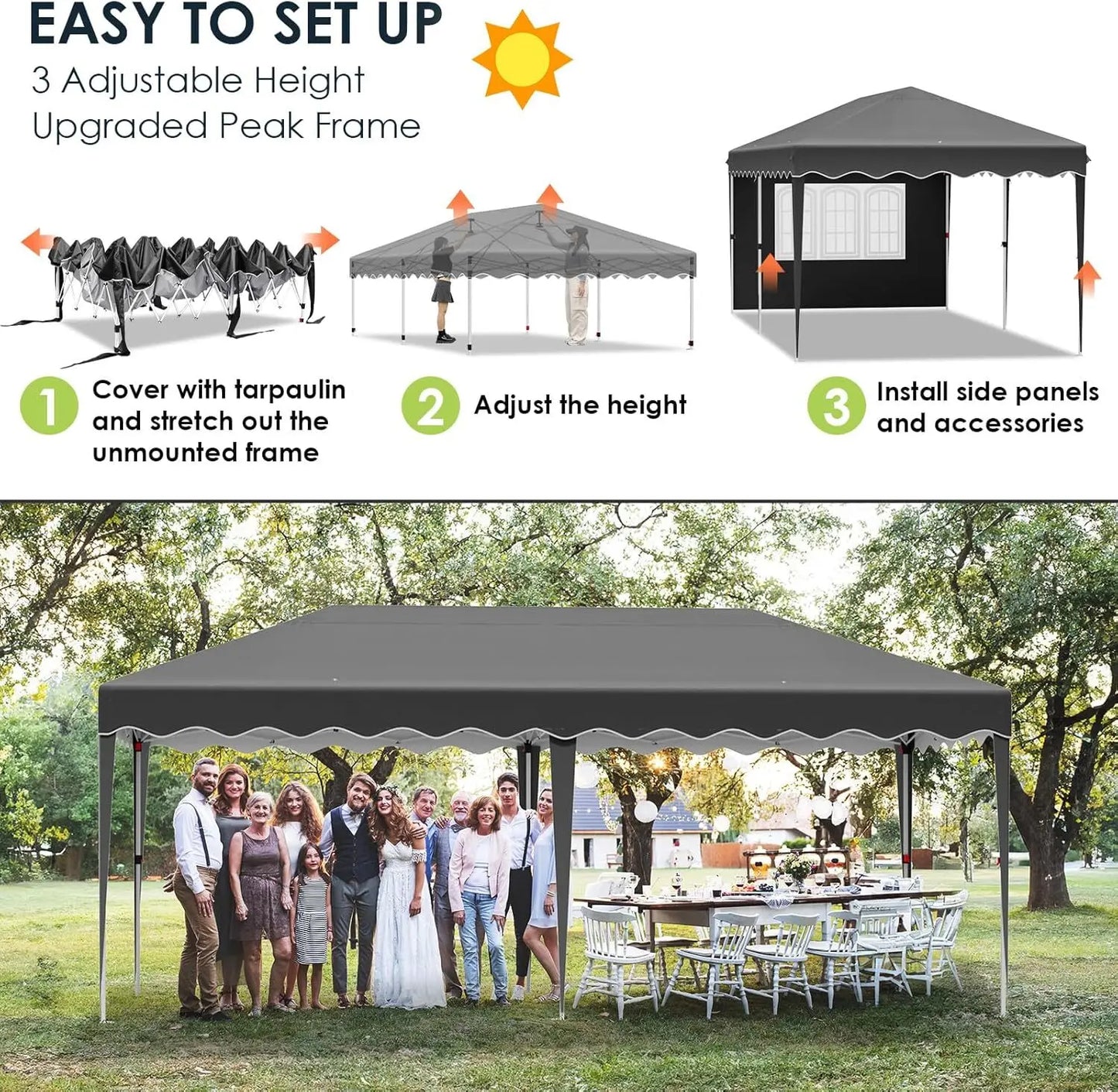 Pavilion Popup Gazebo 3x6m Waterproof Folding Gazebo Tent Party Tent 6 Side Panels Fully enclosed UV 50+ Height Adjustable 2-3M