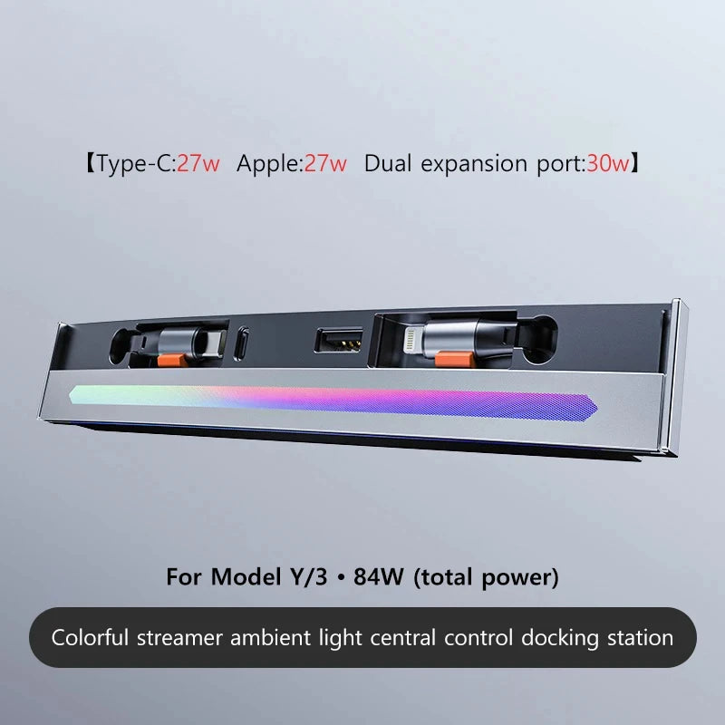 Central Console 84W Color Retractable Dock for Tesla Model 3 2021-2023 Y 2021-2024 USB Hub Fast Charger with Mood Light