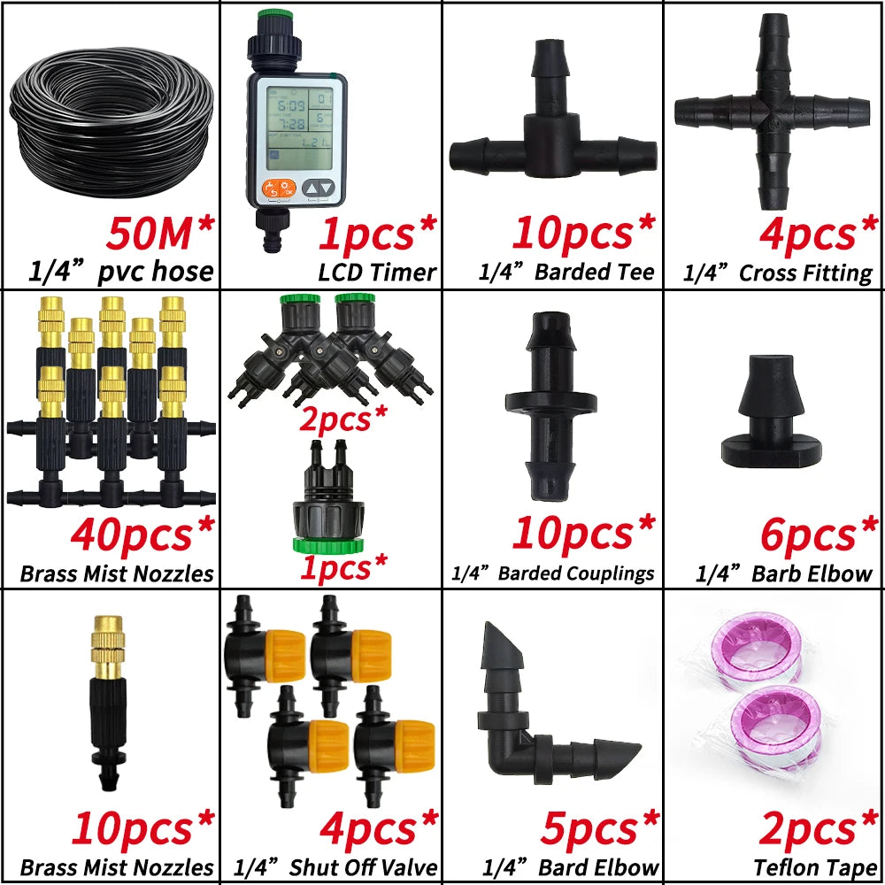 WUJIE 5M-30M Garden Irrigation Outdoor Misting Cooling System Watering 1/4'' Brass Atomizer Nozzles 4/7mm Hose Patio Greenhouse