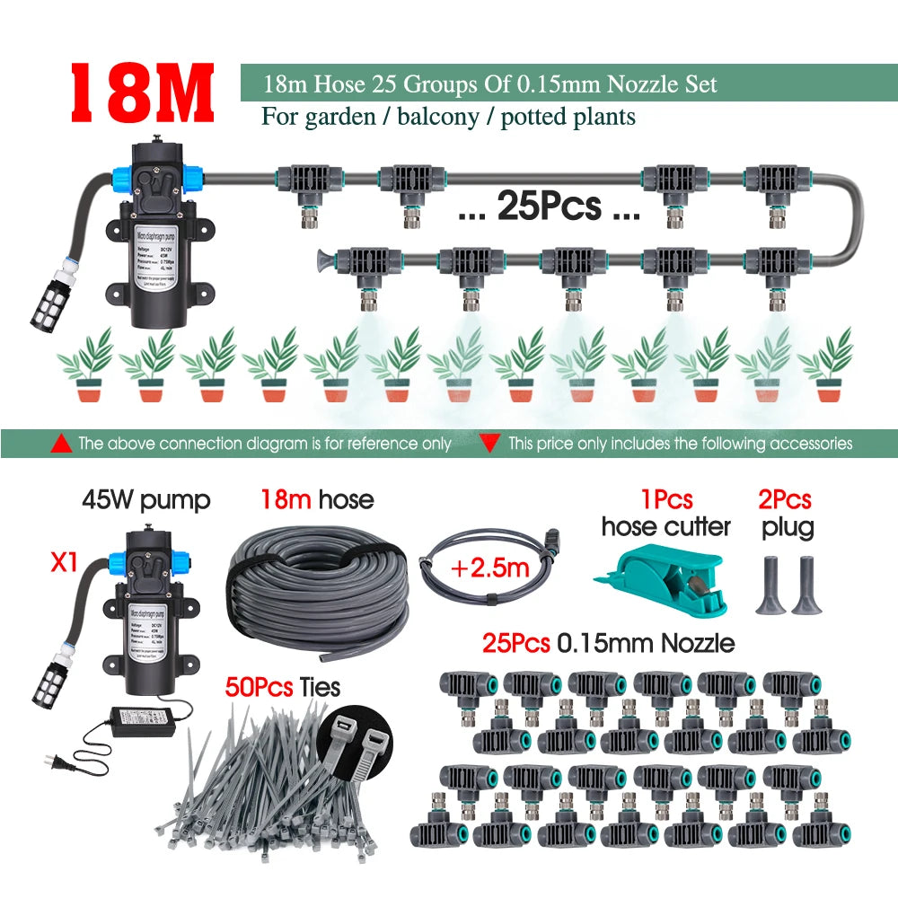 110-240V 45W Self-priming Pump Garden Greenhouse Plants Micro-Irrigation Kit Rapid Insertion 0.15MM Spray Nozzle Watering System