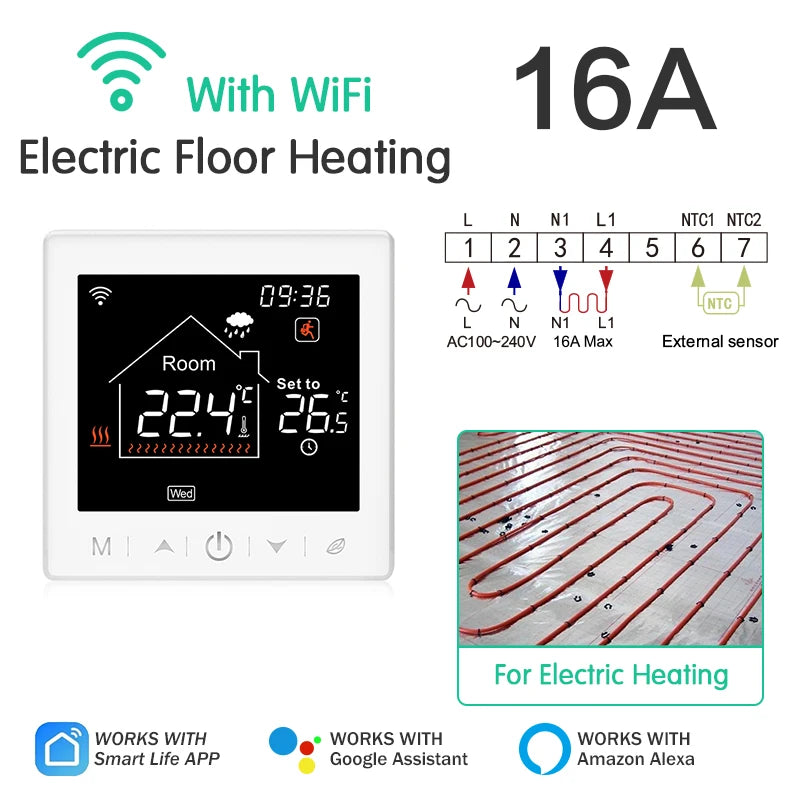 Floor Heating Thermostat Tuya WiFi Programmable Temperature Controller for Electric Warm Gas Boiler Smart Life Work with Alexa