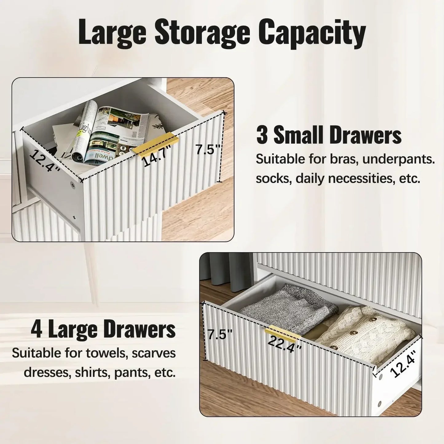 Dresser for Bedroom, White Bedroom Dresser with Drawers, Modern Wide Dresser with Gold Pulls