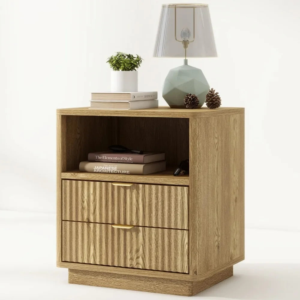 Fluted Nightstands Set of 2, Brown Night Stands with 2 Drawers and Open Shelves, Wooden Bedside Table Modern Design End Table