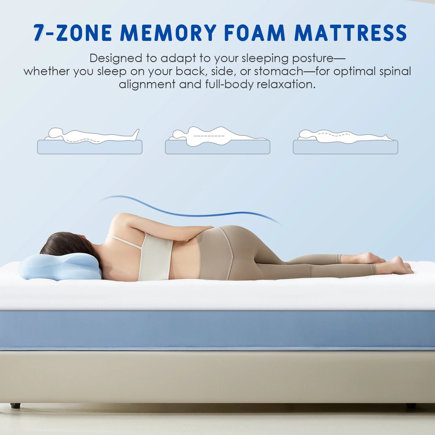 AUTHMIC Gel Foam Memory Mattress Topper 7-Zone Ergonomic Breathable Washable Cover Non-Slip for Home Sleep Comfort