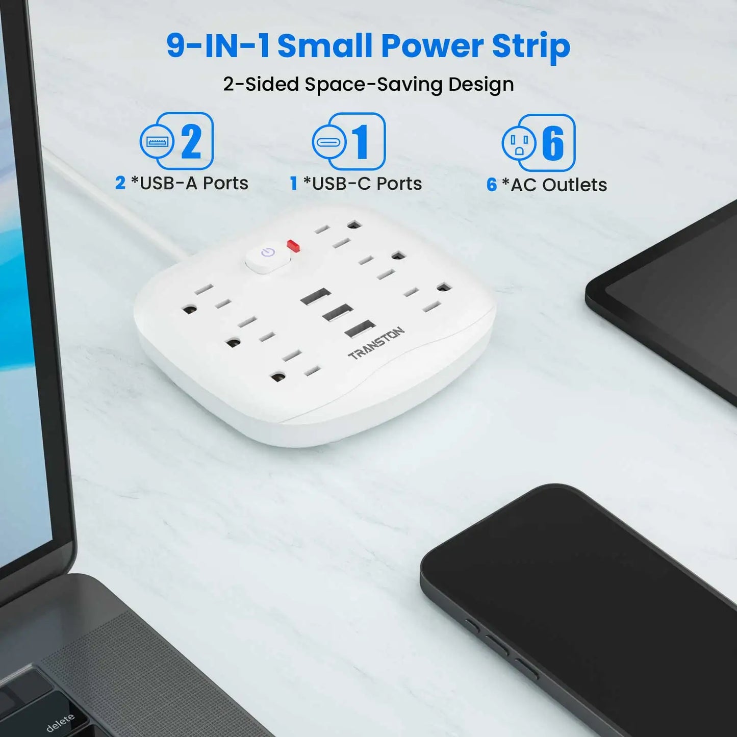 TRANSTON Power Outlet with Surge Protector, 6 power strip 3 USB Ports,