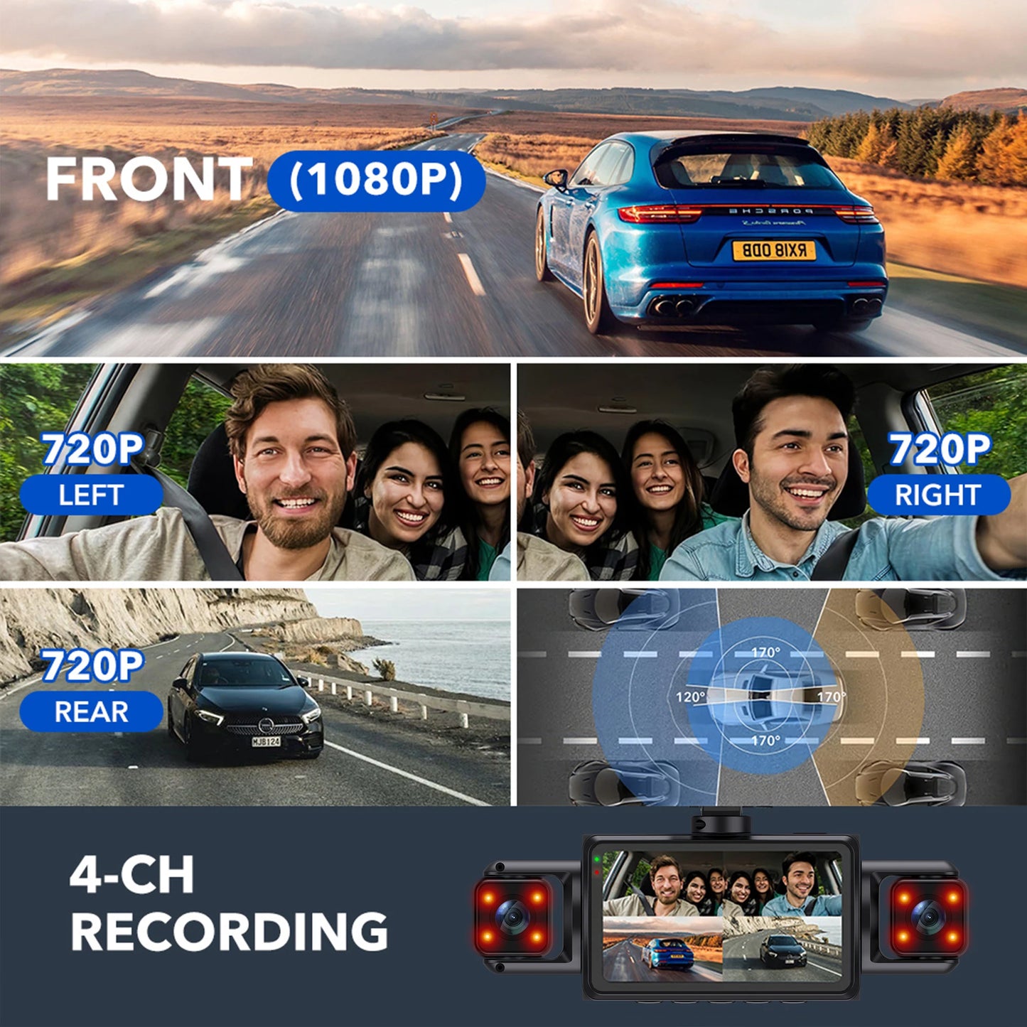 Car Dash Cam 4 Channel Black Box WiFi Driving Camera FHD 1080P Front L