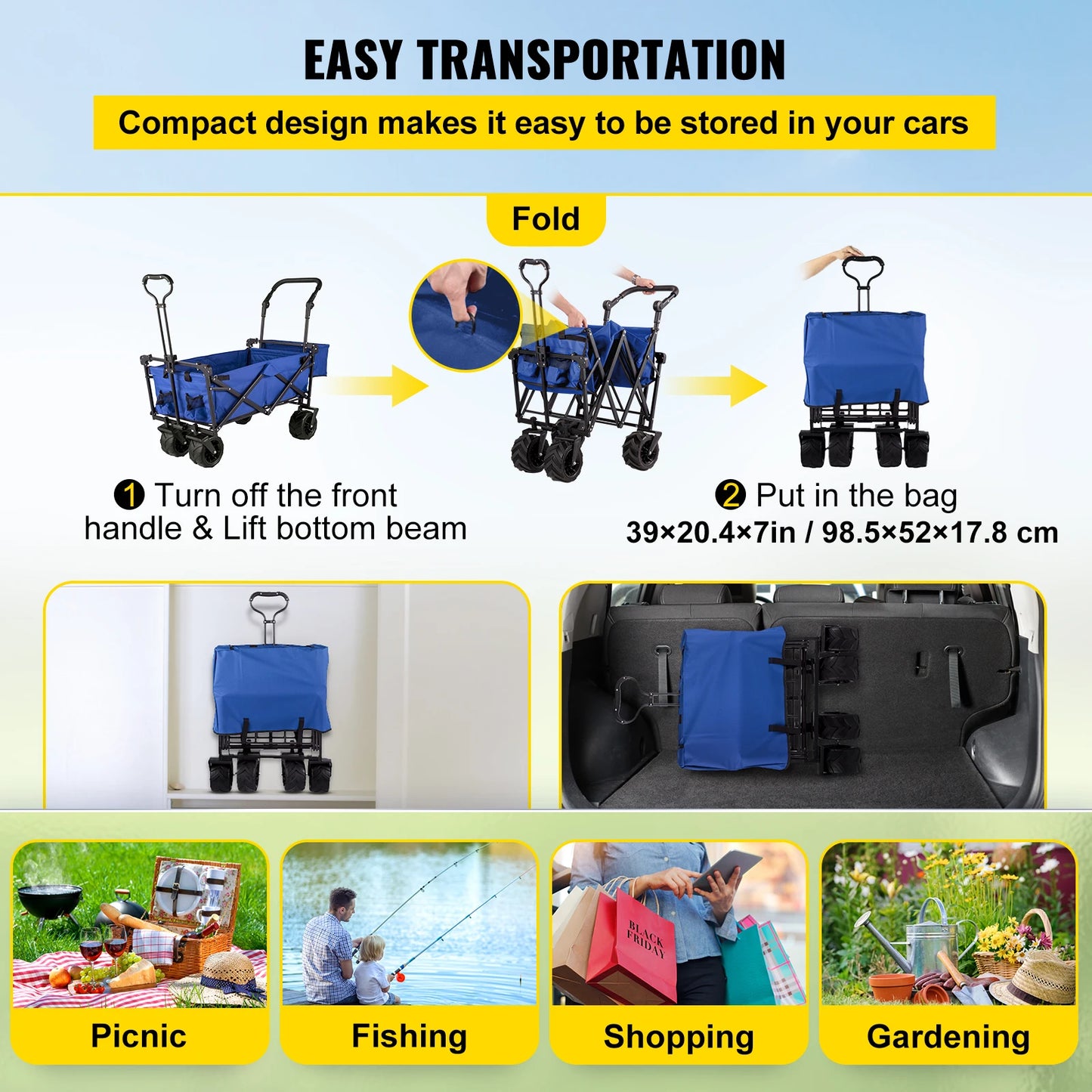 SucceBuy Folding Wagon Cart Adjustable Handle Bar Removable Canopy Oxford Cloth Collapsible Shopping Outdoor Camping Beach Cart