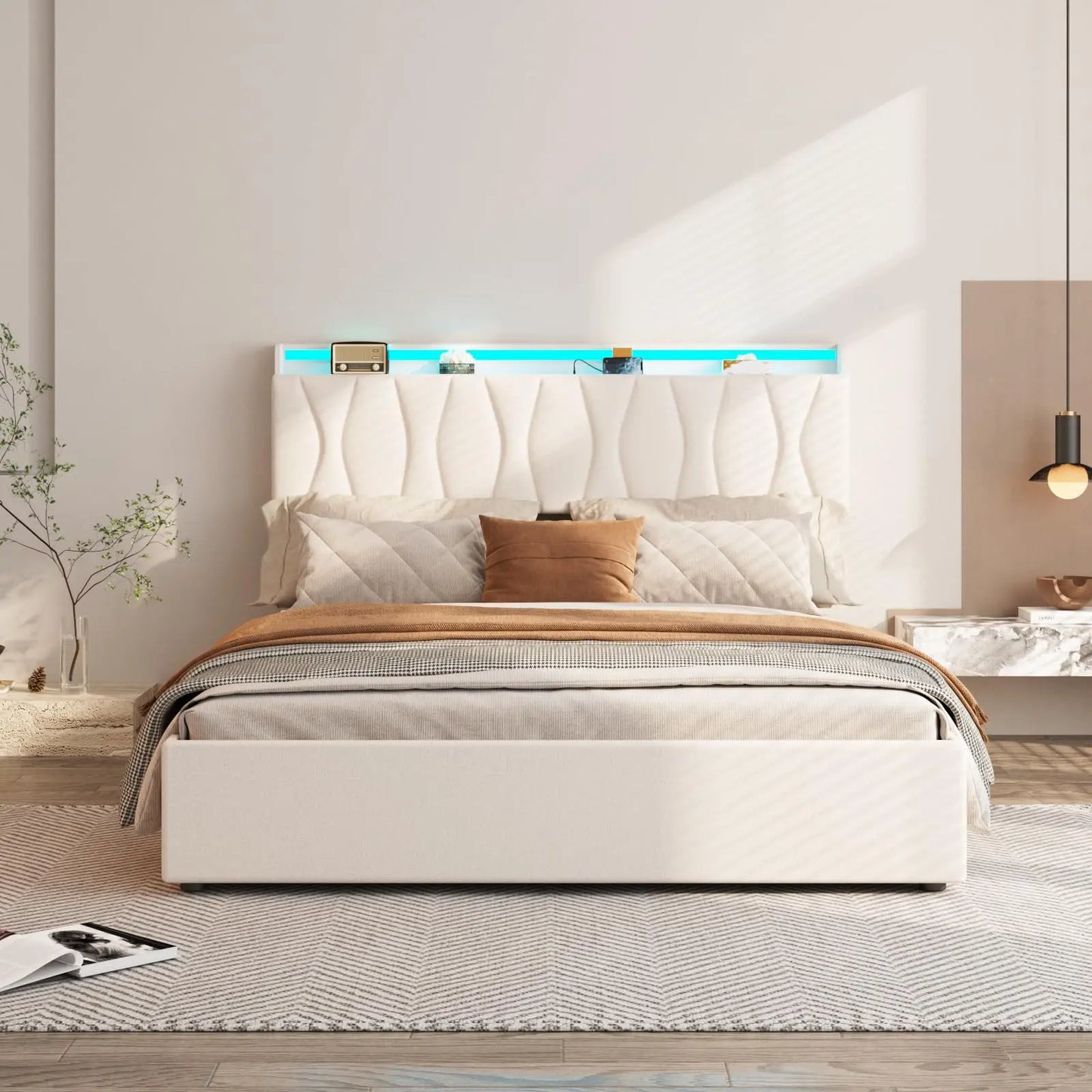 Vabches Lift Up Queen Bed Frame with Storage Headboard Upholstered Platform Bed Frame with Power Outlet&LED Lights No Box Spring