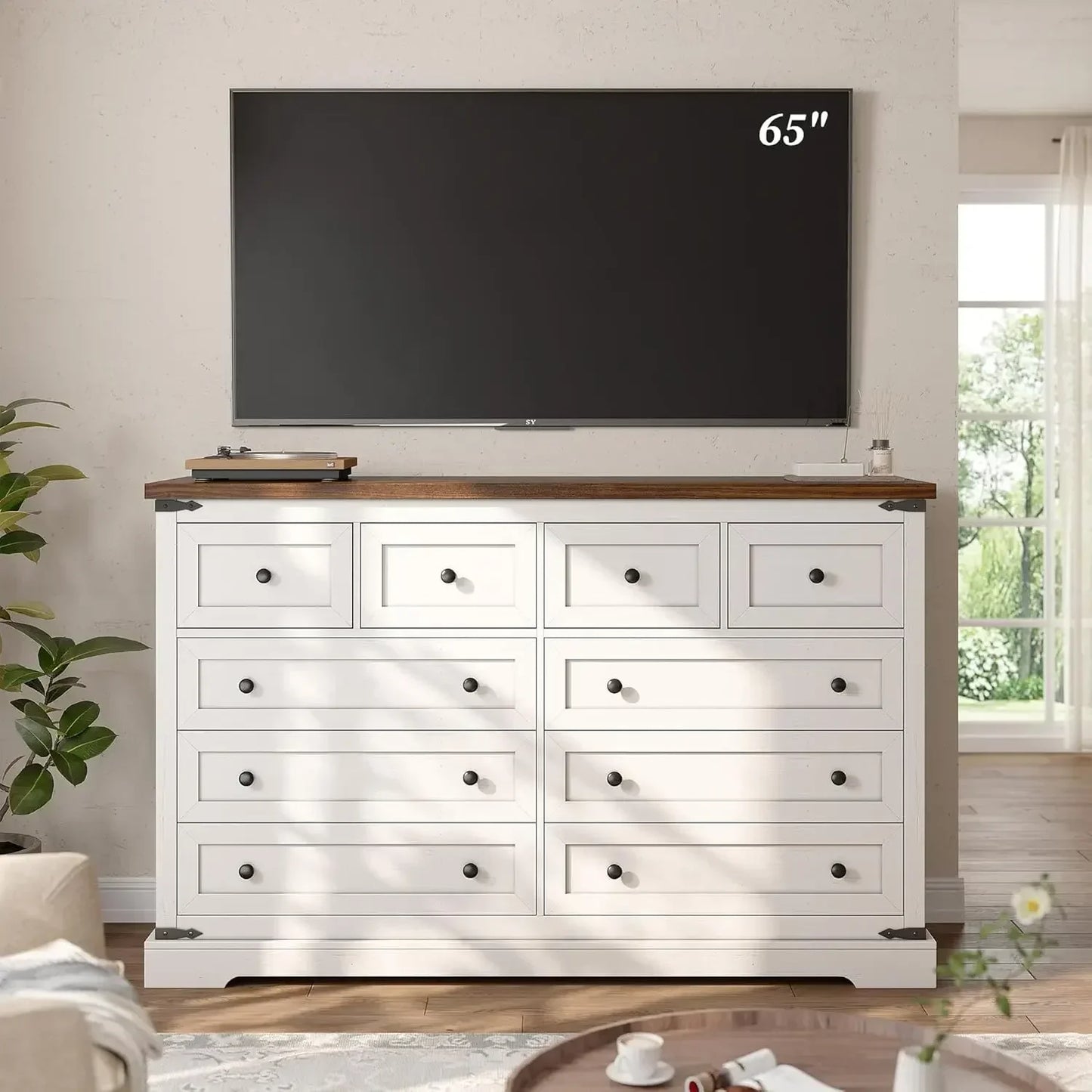 White 10-Drawer Dresser, 55'' Wide Bedroom Chest, Antique Storage Cabinet