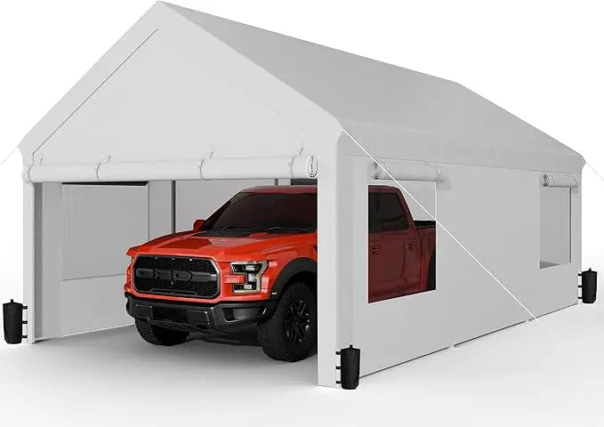 12x20 ft Carport with Roll-up Windows, Portable Garage with Removable Sidewalls & Doors, Canopy W Sandbags and All-Season Tarp