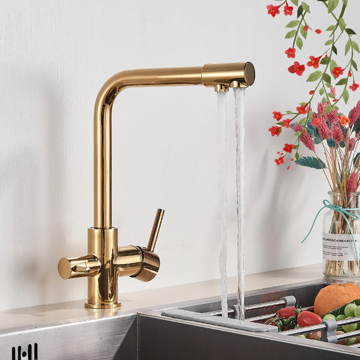 Pure Water Kitchen Faucet Chrome Stainless Steel Dual handle Hot Cold Water Mixer Tap Filtered Deck Mounted Torneira Crane Tap