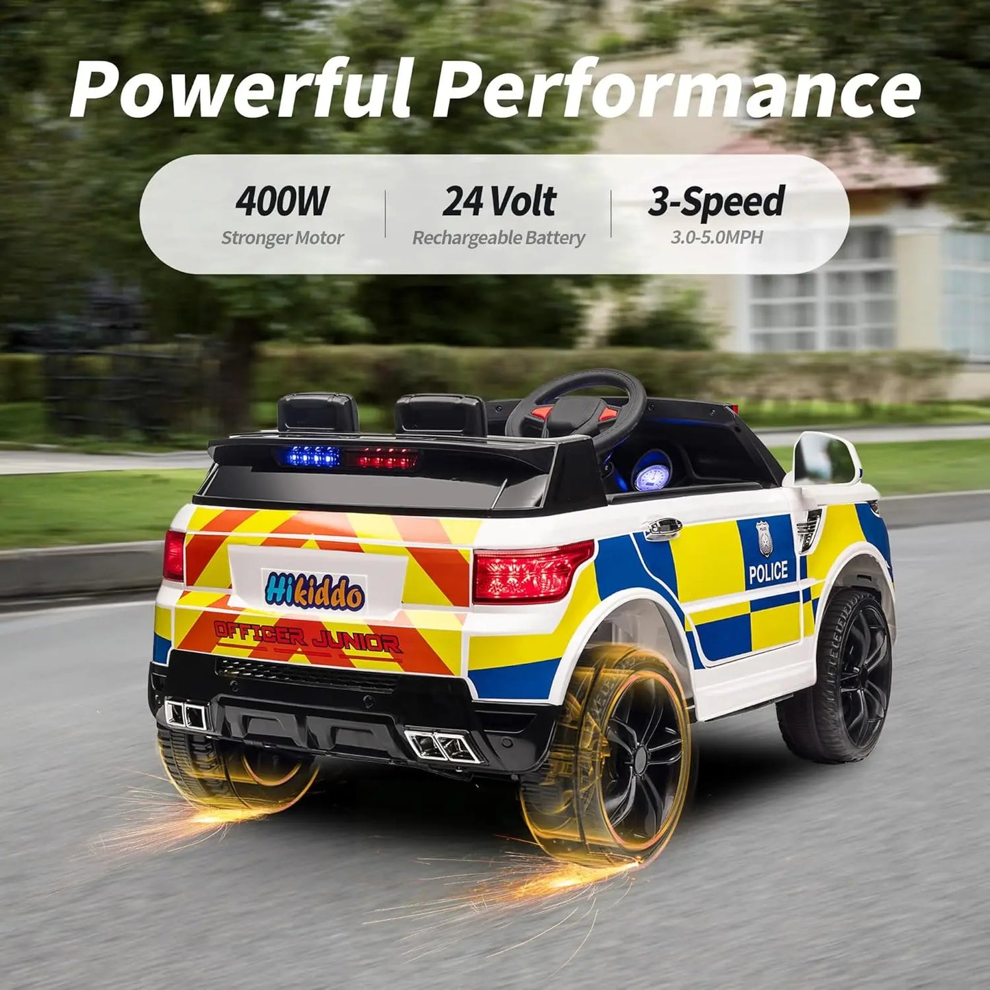 400W Motor Kids Electric Police Car - Remote & White