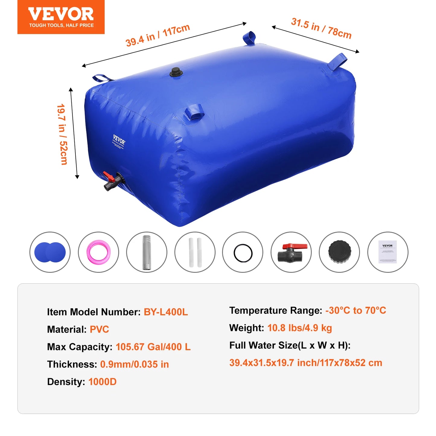 VEVOR 1000L/264 Gallon Water Storage Bladder RV Water Tank 1000D Blue PVC Collapsible Water Storage Containers Soft Water Bag