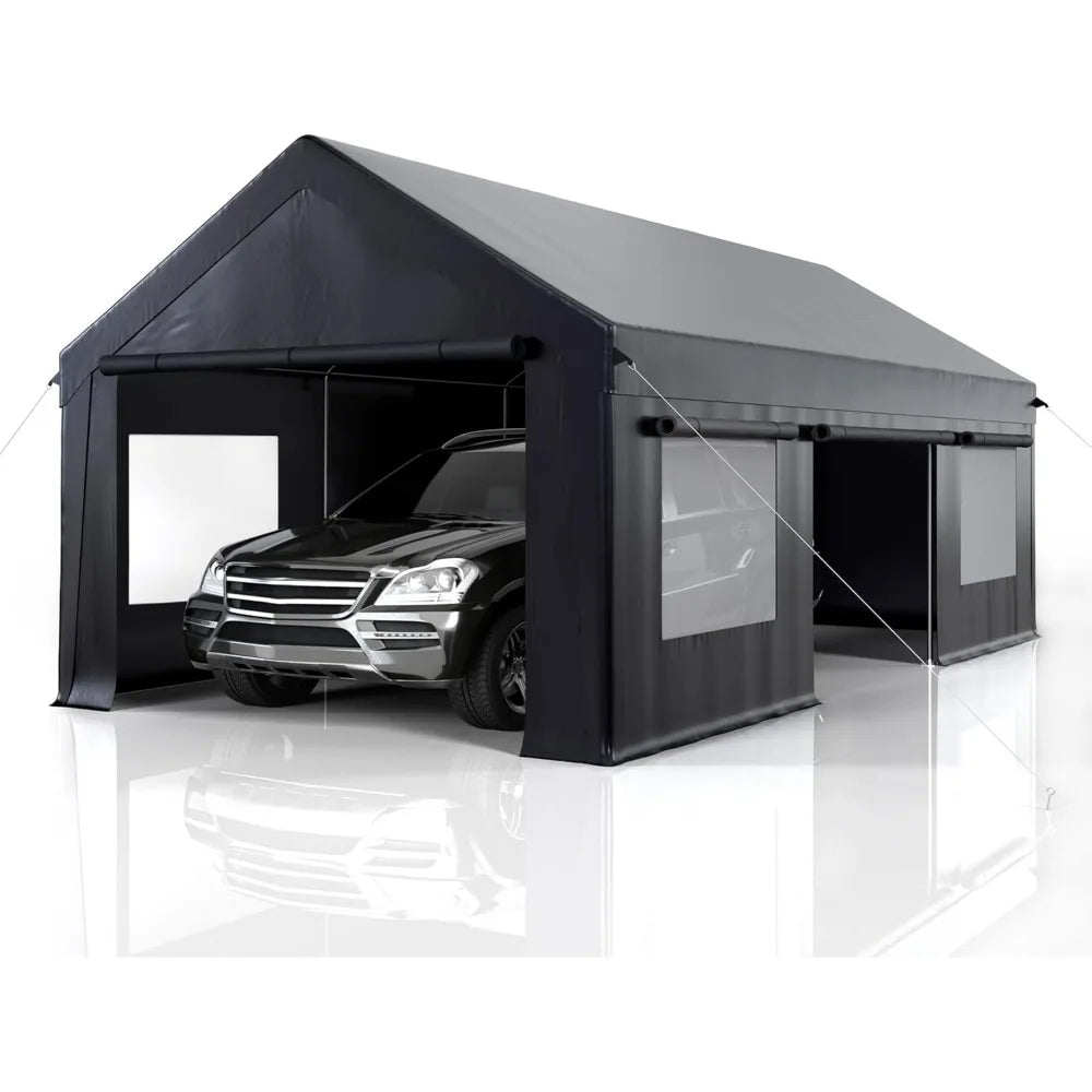 Carport 12' x 20' Heavy Duty Portable Garage, Side-Opening Door & Roll-Up Windows, Car Canopy Reinforced Four-Hole Base, Carport