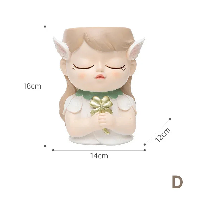 7 inch Cute Angel Girl Face Planter Pot with Drainage Hole, Resin Fairy Tale Planter Ornamental Statues for Home Office Decor