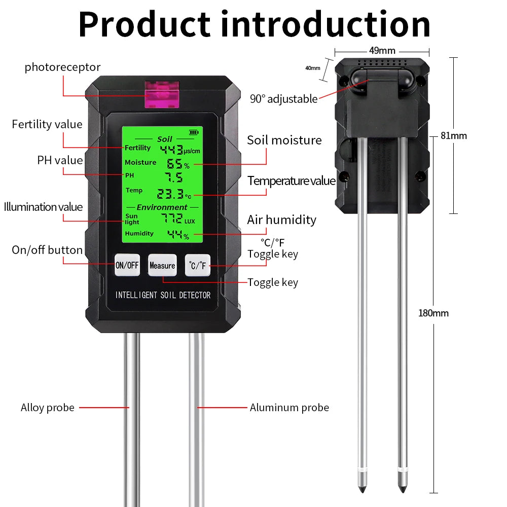 6 in 1 High Accuracy Soil Tester pH Temperature Humidity Sunlight Air Moisture Nutrient Fertility Meter Gardening Planting Tool