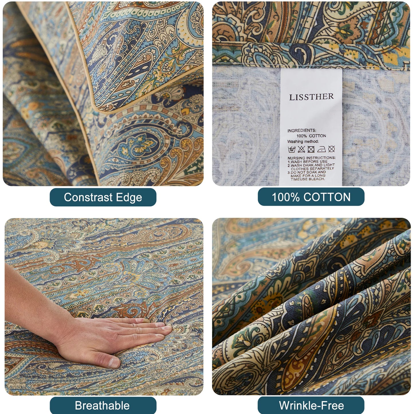 3pcs 600TC 100% Egyptian Cotton Duvet Cover Set, Vintage Bohemian Paisley Royal, Soft Skin-Friendly (No Inserts)