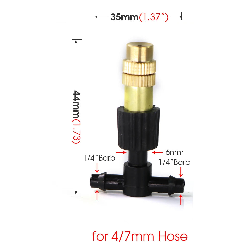 10-100PCS Adjustable Brass Spray Nozzles with 1/4” Tee Joint for Garden Greenhouse Lawn 4/7mm Hose Misting Watering Sprinkler