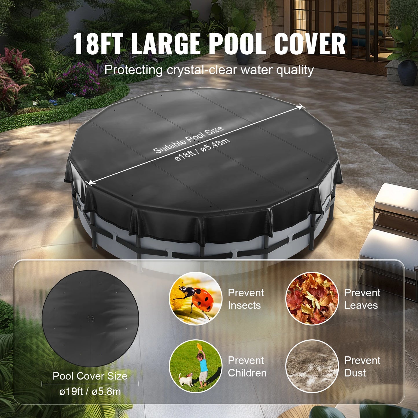 VEVOR 18/15Ft Round Pool Cover Solar Covers for Above Ground Pools Safety Pool Cover with Drawstring Design Black