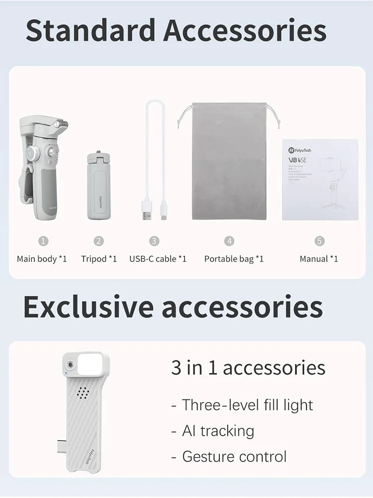 FeiyuTech VB4 Kit Smartphone Gimbal Stabilizer with AI Tracking & Integrated Fill Light, 216mm Extension Rod, for iPhone/Android