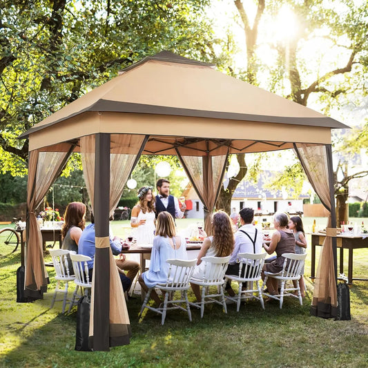 3.3x3.3m Outdoor Gazebo Canopy with 4 Detachable Mosquito Nets, UV and Rainproof Gazebo Patio Pop Up with Double Eaves Folding