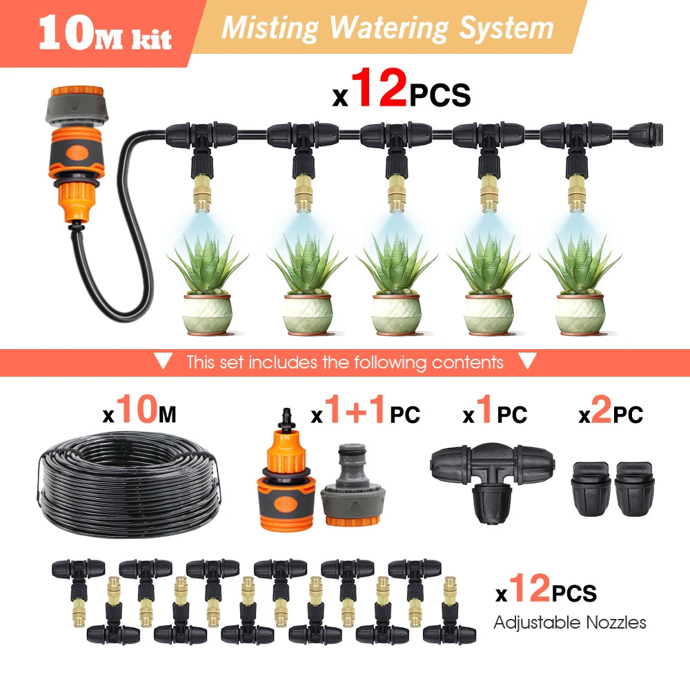10/20/30M Garden 1/4" Hose Brass Nozzle Atomize Spray System for Summer Balcony Greenhouse Lawn Misting Cooling Irrigation Kit