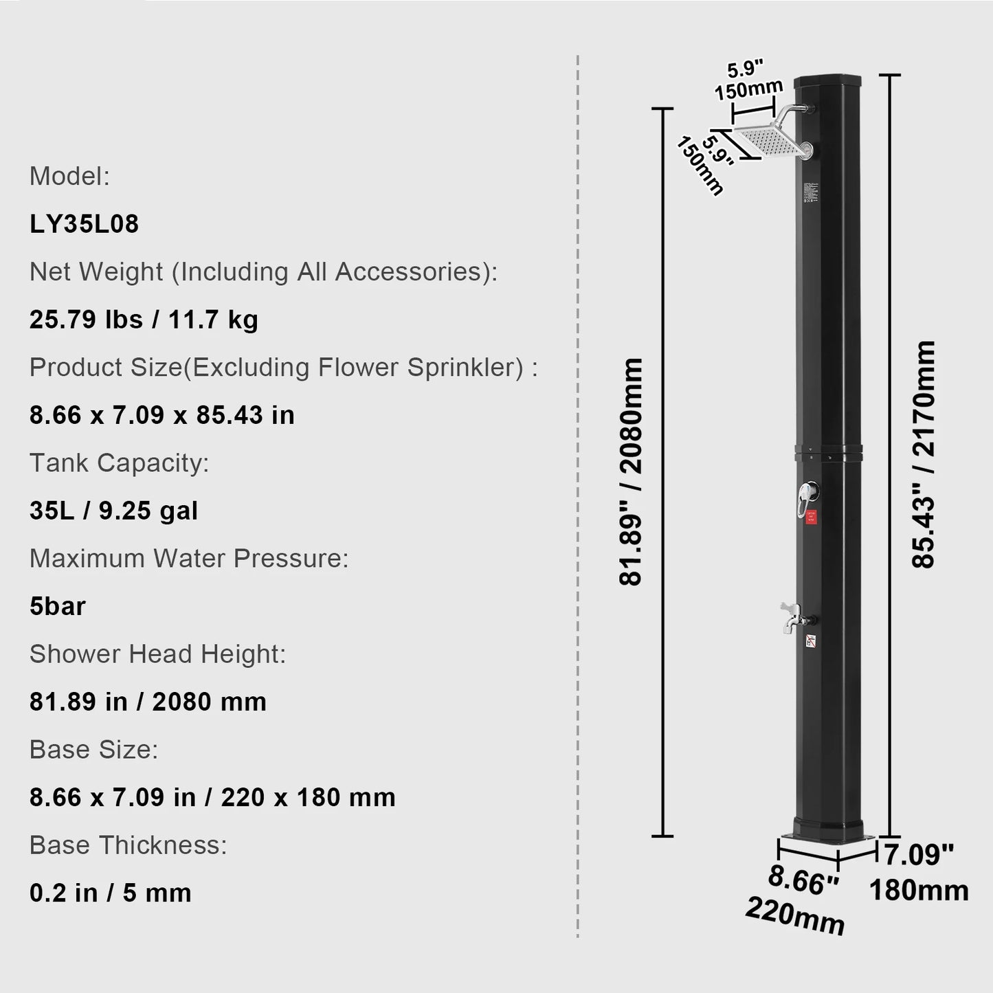 SucceBuy Outdoor Solar Heated Shower 35/40L Shower Kit with Head and Foot Tap Double Buckle for Backyard Poolside Beach Spa