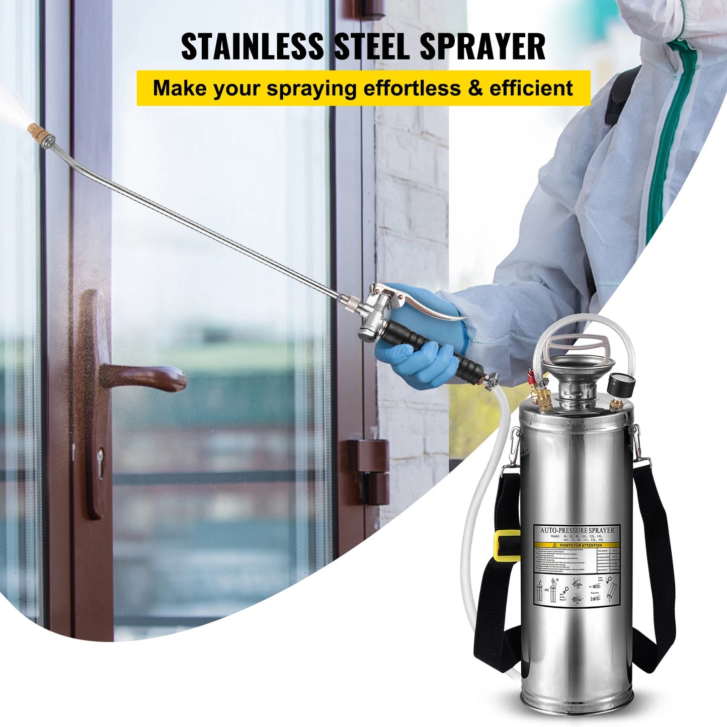 SucceBuy 4-12L Hand Powered Sprayer Stainless Steel Watering Spraying Atomizer Pump Home Ground Garden Cleaning Sprayer