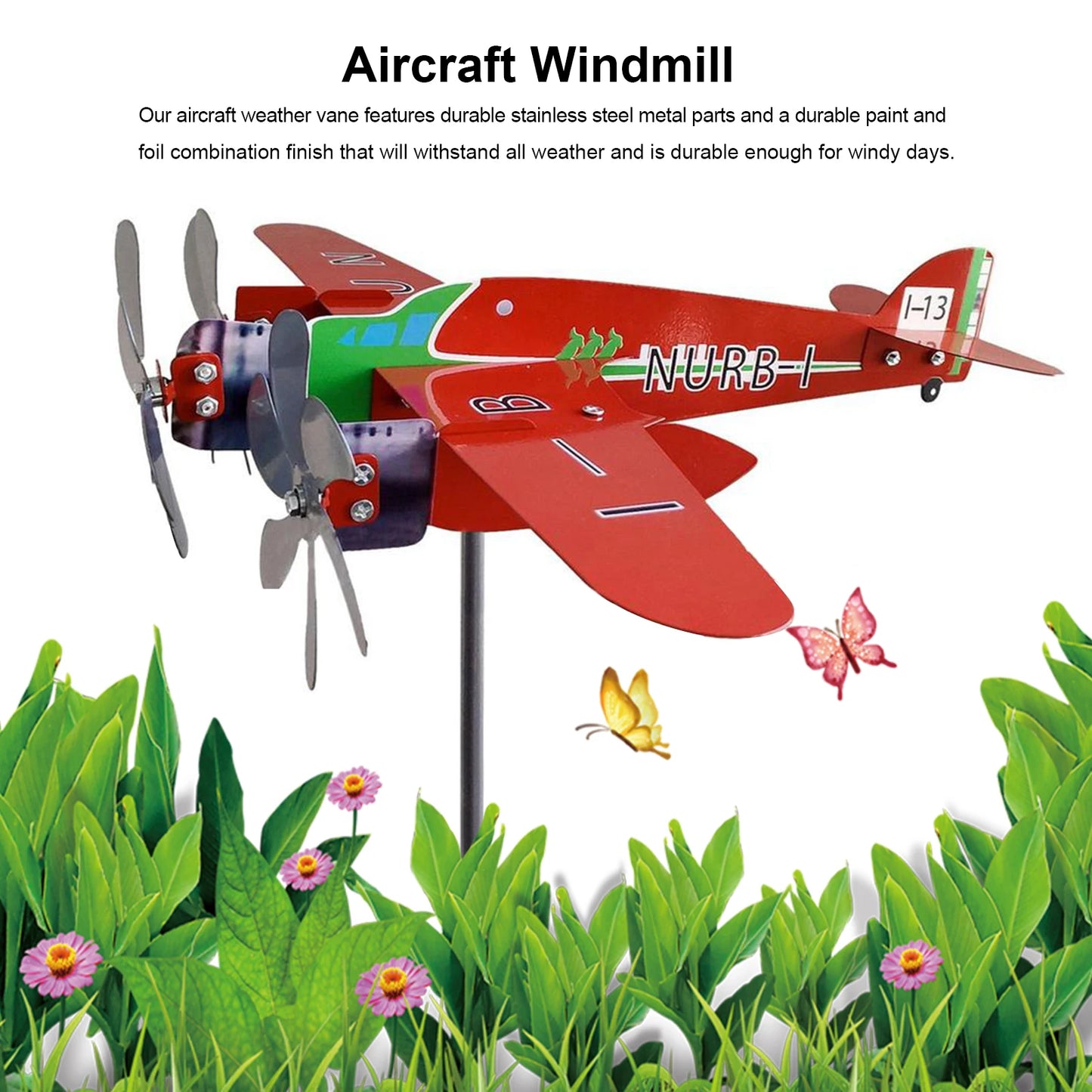 3D Wind Spinner Plane Metal Airplane Weather Vane Plug-in Windmill Outdoor Roof Wind Direction Indicator Ornaments Garden Decor
