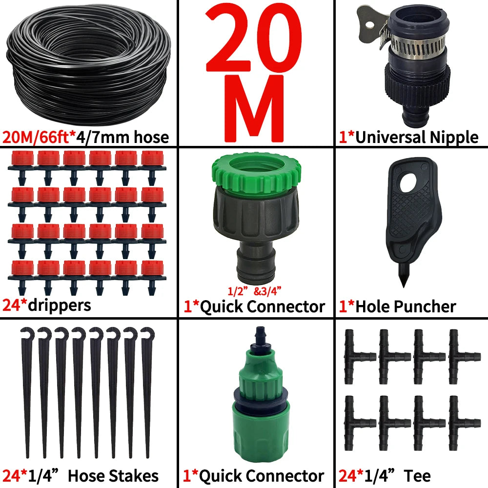 15M-25M Micro Drip Watering Kit Garden DIY Automatic Irrigation System & Adjustable Dripper 4/7'' Hose for Greenhouse