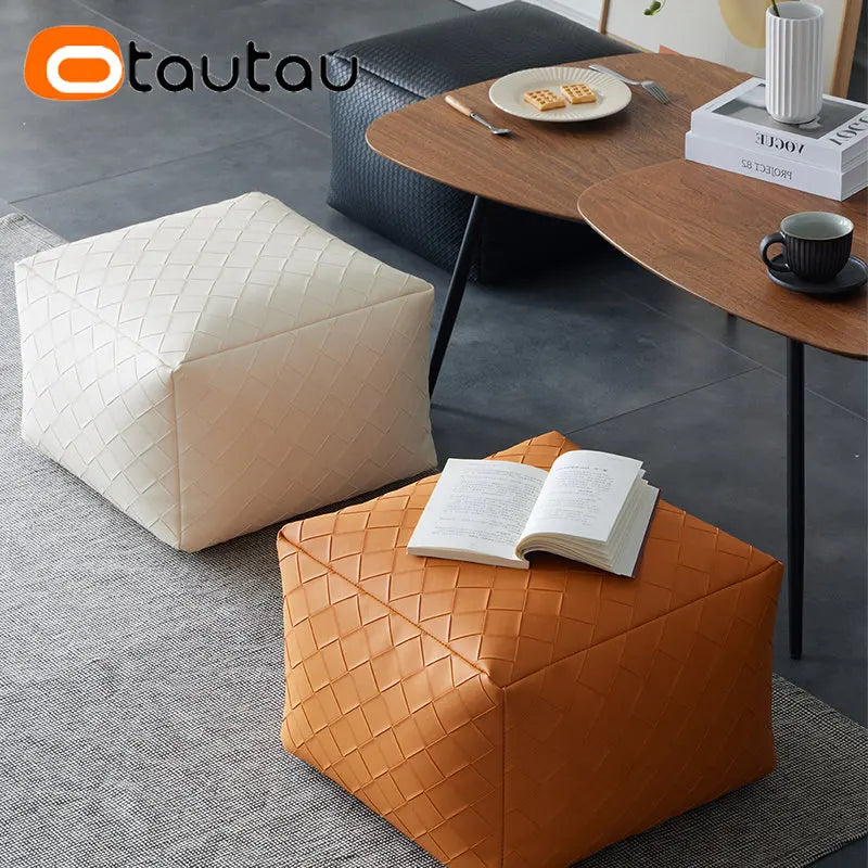 OTAUTAU Faux Leather Square Plaid Pouf Ottoman Stool Door Side Footrest Footstool Floor Seat Beanbag Futon with Filler JD012