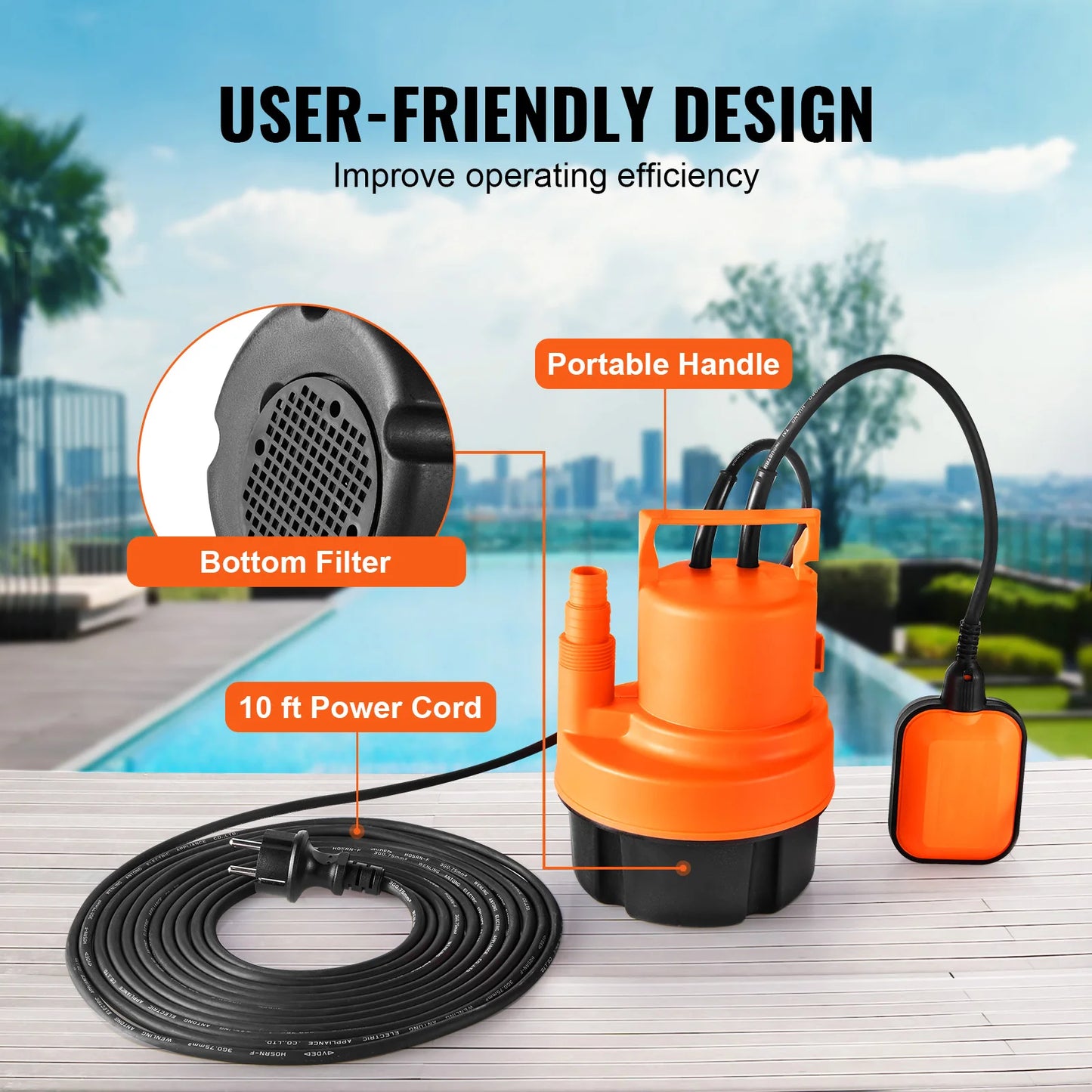 VEVOR Utility Pump 1585/2510/4000 GPH High Flow Sump Pump Submersible Water Pump with 10ft Long Power Cord for Draining Water