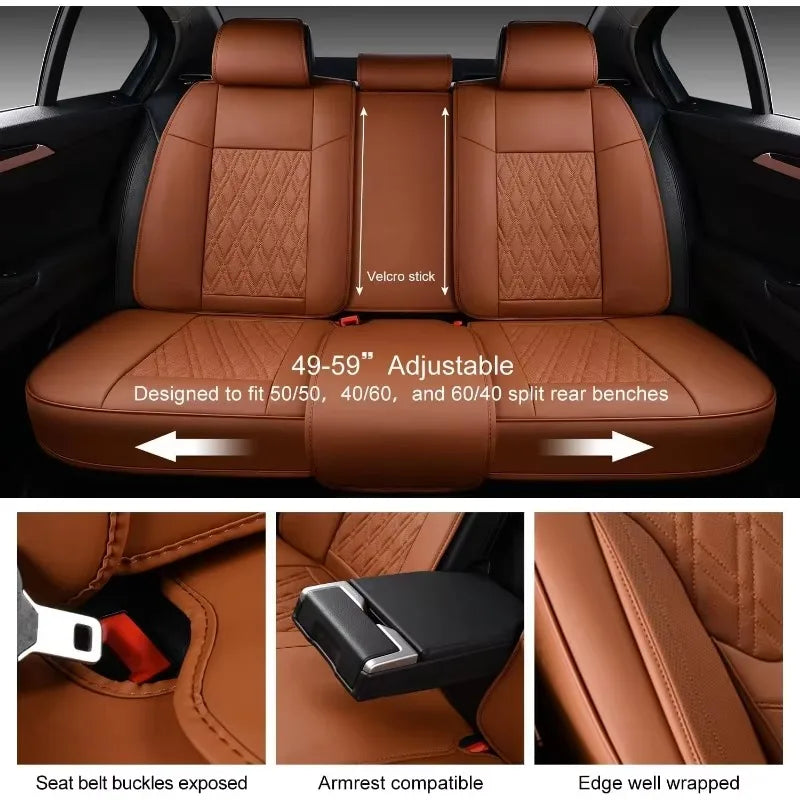 Complete Set Car Seat Covers - Breathable Leather Front & Rear + Headrests, Brown | AlluCanFind