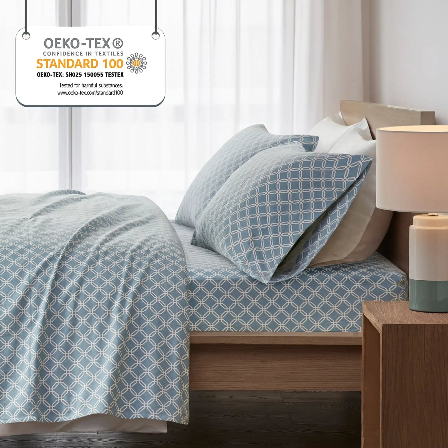 Queen Size Bed Sheets Set, 4-Piece Cozy Cotton Flannel Sheets Set Queen with Deep Pocket Fitted Sheet, Blue Geo