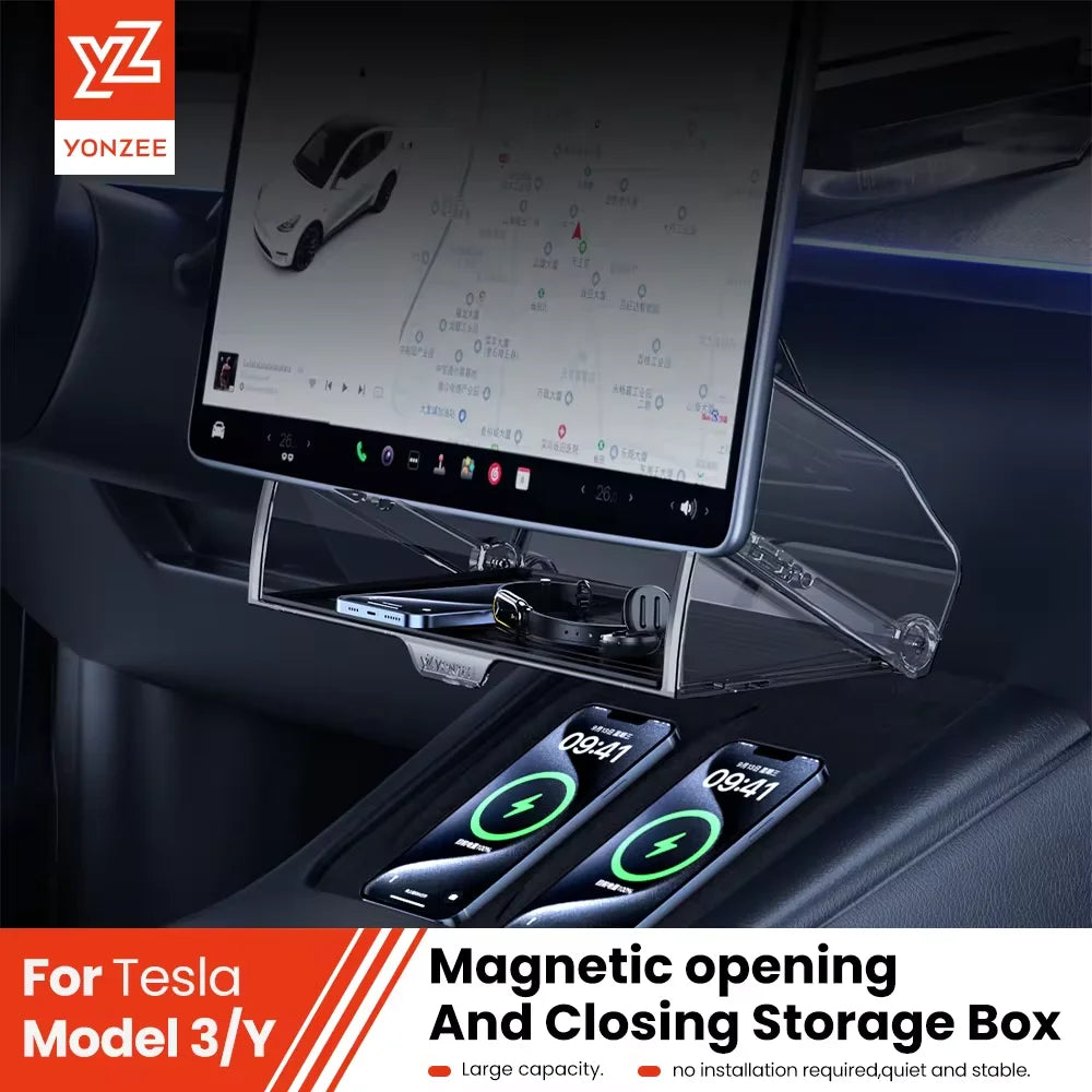 YZ For 2021-2025 Tesla Highland Model 3 Y Juniper Tray Magnetic Under Screen Hidden Storage Box Magnetic Hidden Screen Box