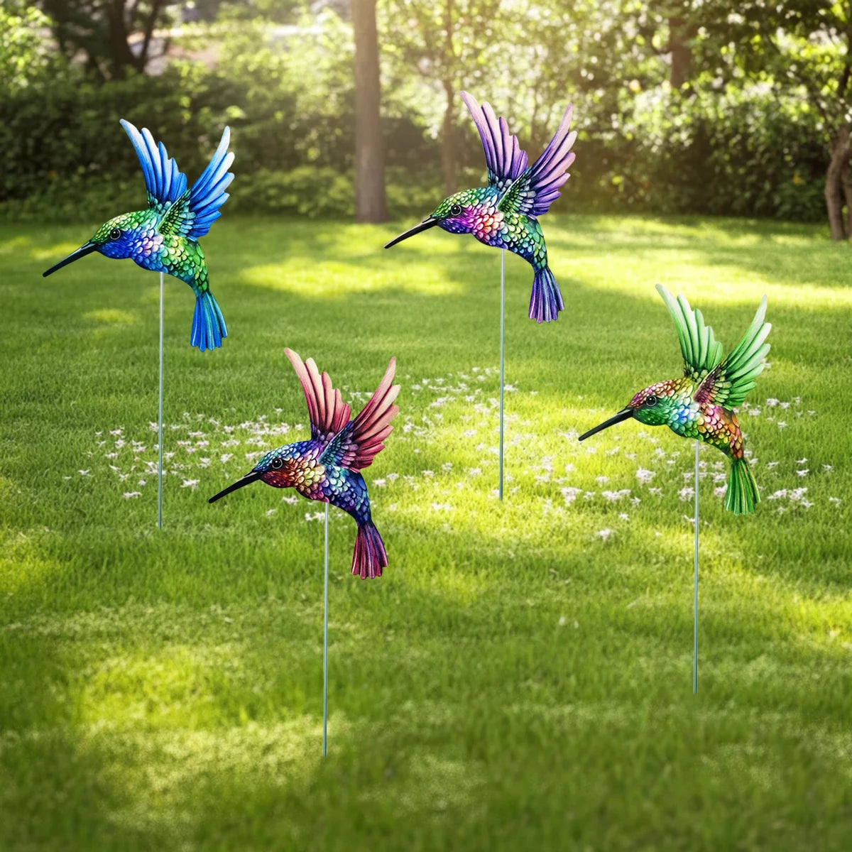4PCS Metal Hummingbird Stakes Art Sculpture Outdoor Waterproof Iron Ornament Garden/Home Decor Yard Lawn Patio Garden Bird Decor
