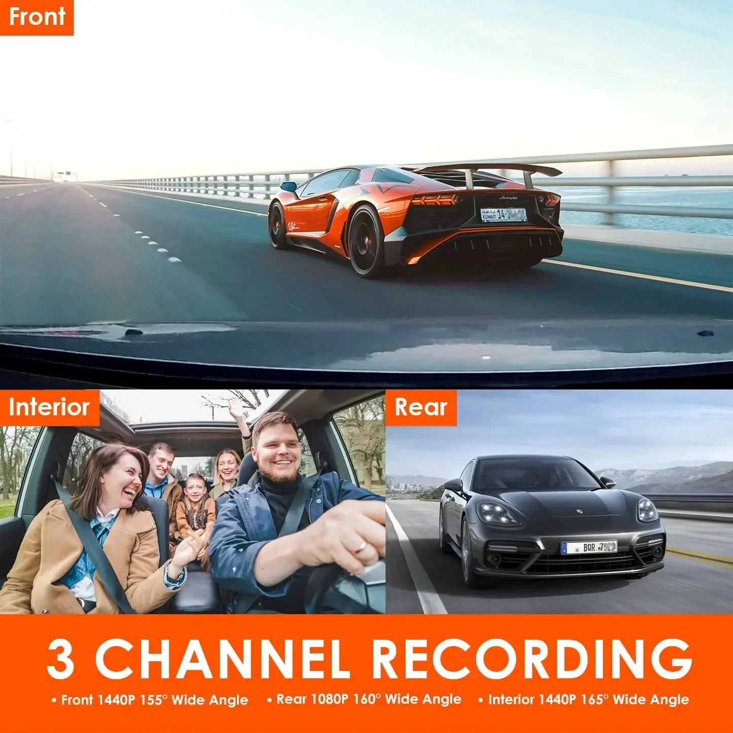 3 Channel Car DVR UHD 4K 3-Lens Inside Vehicle Dash Cam Three Way Came