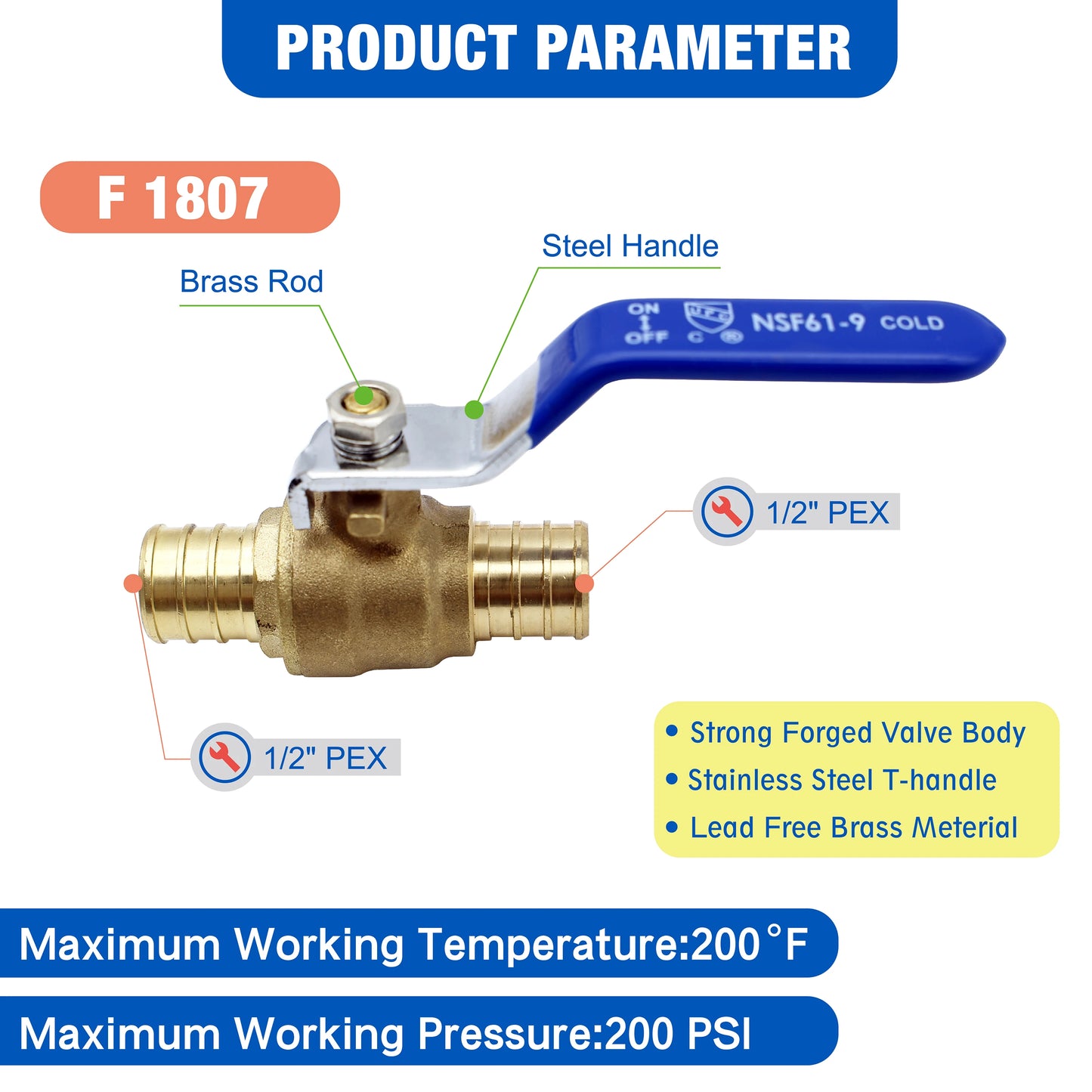 KING SMART Crimp/F1807 PEX 1/2" Full Port PEX Ball Valve; for Hot and Cold Water System; 10Pcs/Case; 80410