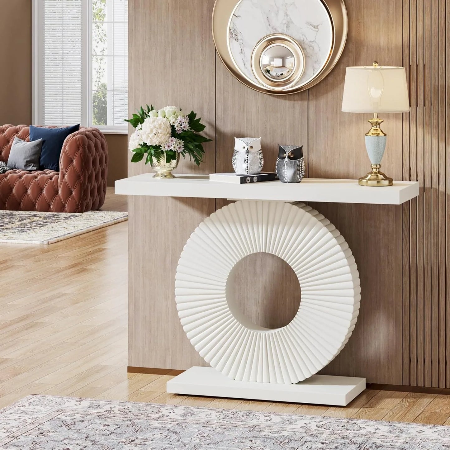 LITTLE TREE Modern Console Table with Geometric Base, Wood Entryway Table Sofa Table Narrow Long, Contemporary Accent Table