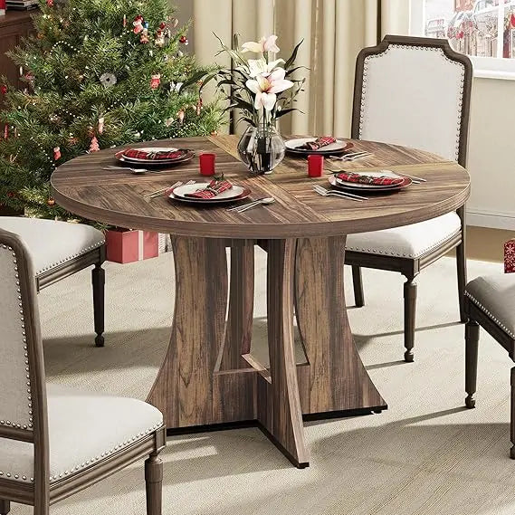 47.2 inch Round Dining Table for 4-6 People, Wood Kitchen Table for Dining Room Living Room, Small Circle Farmhouse Dinner Table