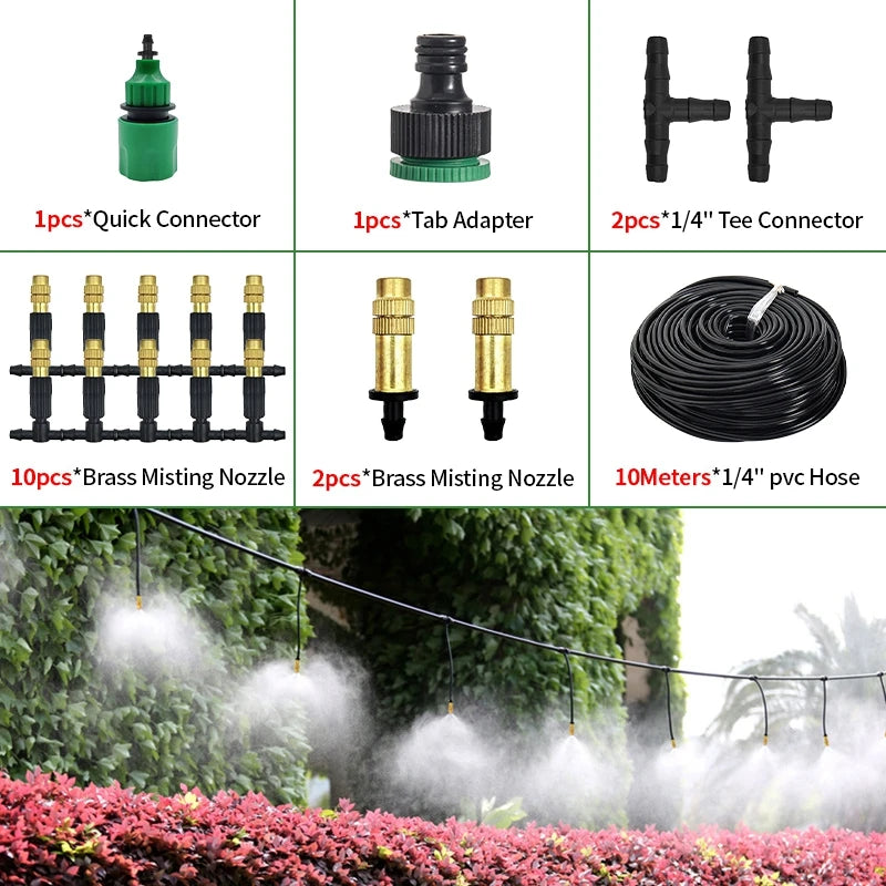 10-30M Outdoor Misting Cooling System 4/7PVC Garden Irrigation Watering Adjustable 1/4'' Brass Atomizer Nozzles Micro Sprinklers