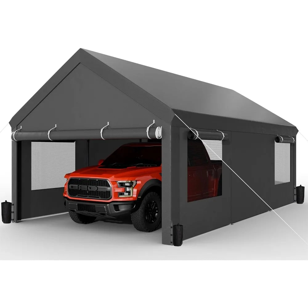 12x20 ft Carport with Roll-up Windows, Portable Garage with Removable Sidewalls & Doors, Canopy W Sandbags and All-Season Tarp