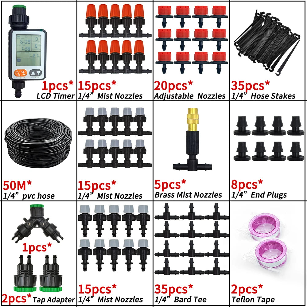 WUJIE 5M-30M Garden Irrigation Outdoor Misting Cooling System Watering 1/4'' Brass Atomizer Nozzles 4/7mm Hose Patio Greenhouse