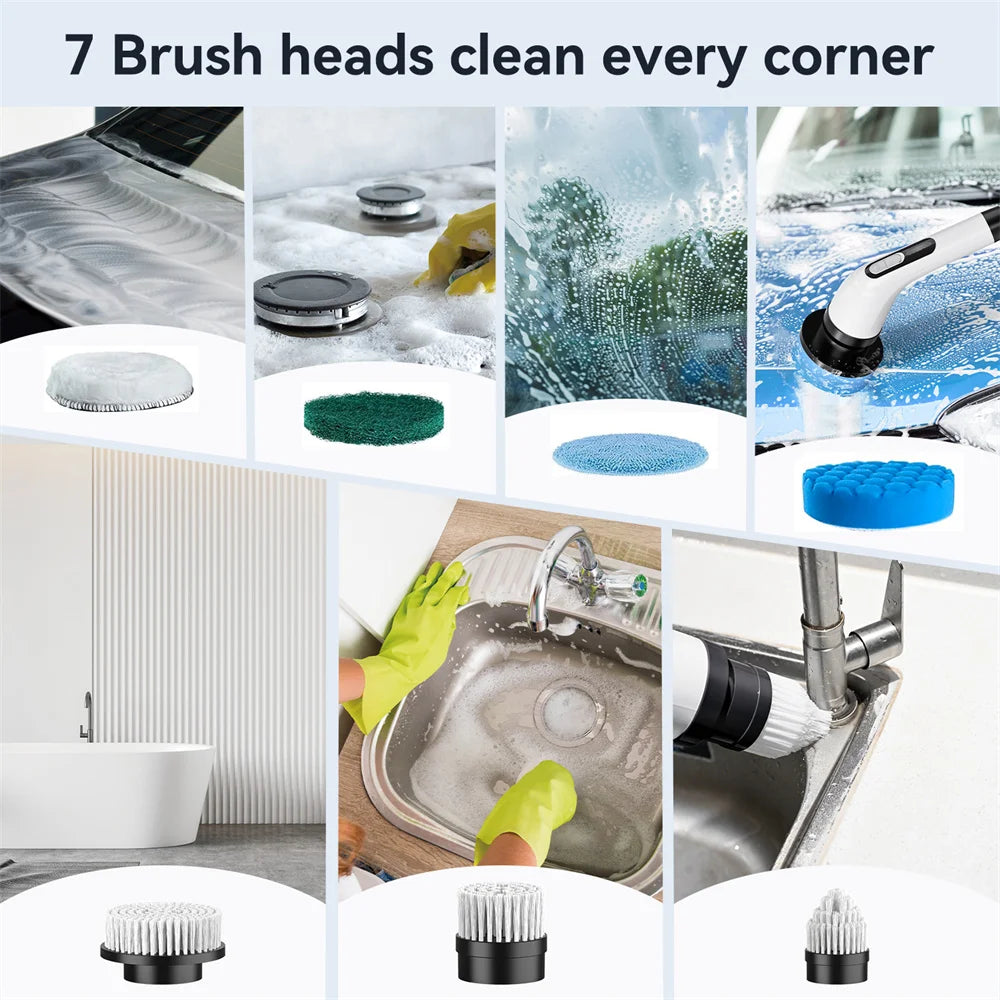 Electric Spin Scrubber Cordless Cleaning Brush with Power Display Screen Waterproof Shower Cleaning Brush with 7 Brush heads