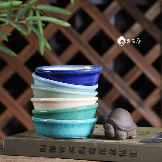 Colorful Glazed Tripedal Circle Plate Bonsai Pot,Small Flower Plants Vase,Table Breathability Garden Home Decoration