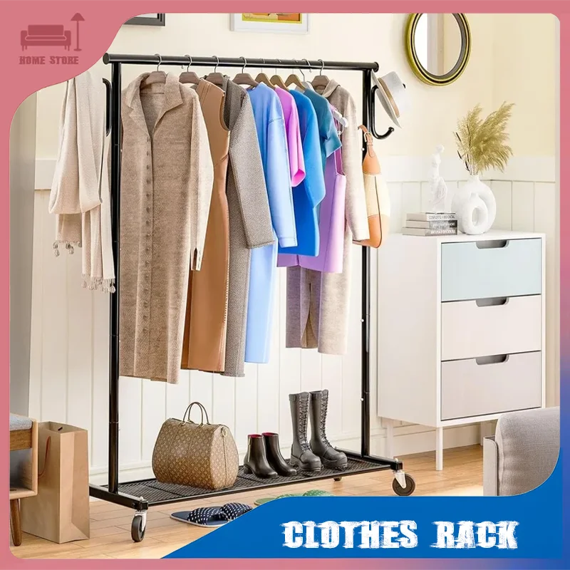 Movable Double Rod Clothes Rack Wheels Heavy Duty Coat Shelf with Bedroom Floor Hangers Organizer Home Shoe Hat Storage Racks