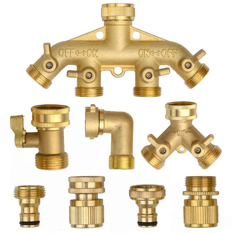 Heavy Duty Brass 1-2-4 way Splitter Garden Hose Hexagonal Connector with Comfortable Grip Shut Off Valves Adapter for Water Tap
