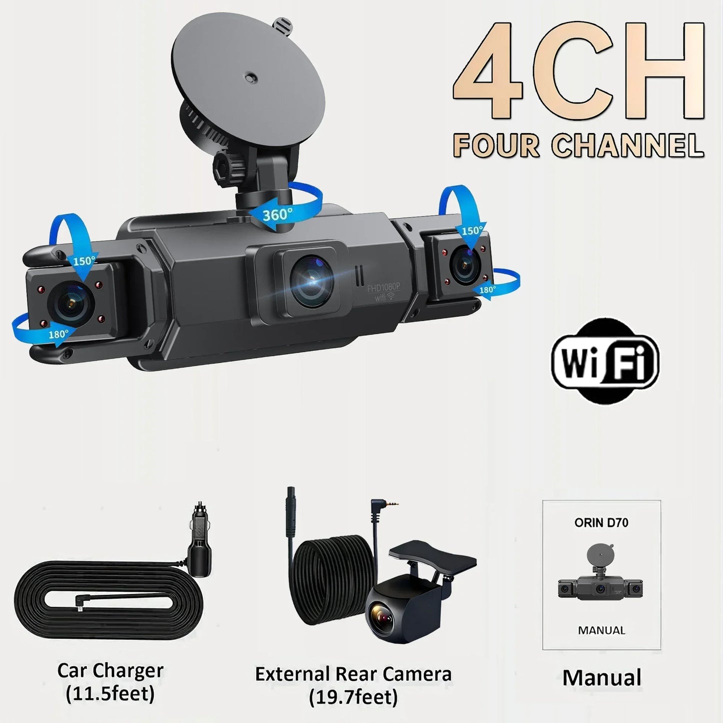 Car Dash Cam 4 Channel Black Box With GPS WIFI FHD 1080P Front Driving